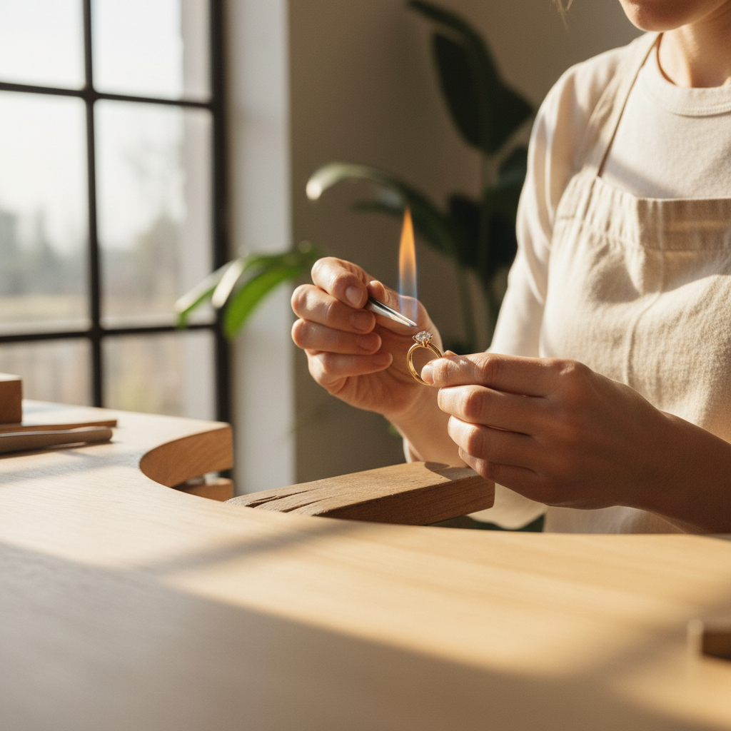 Jeweller soldering a fine gold engagement ring with a hydrogen flame at a sunlit atelier bench