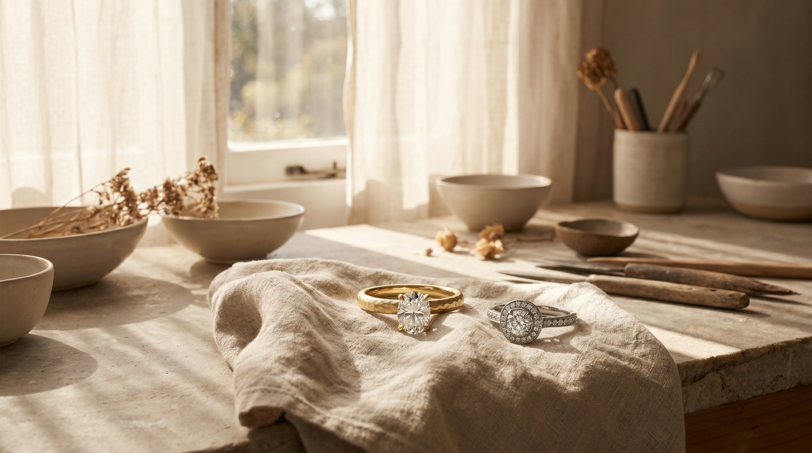 Two handmade engagement rings on natural linen — a yellow gold oval solitaire and a vintage-inspired white gold halo