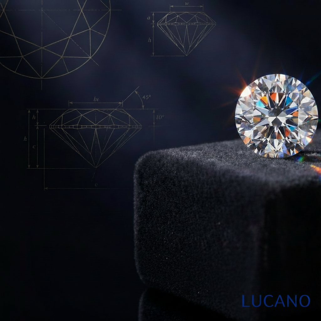 Round brilliant cut diamond on dark velvet with gold facet-angle diagrams — the story of the brilliant cut by Lucano