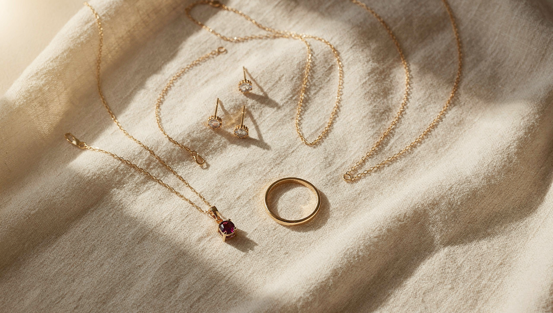 Elegant flat lay of fine gold jewellery pieces on cream linen — necklaces, earrings and rings