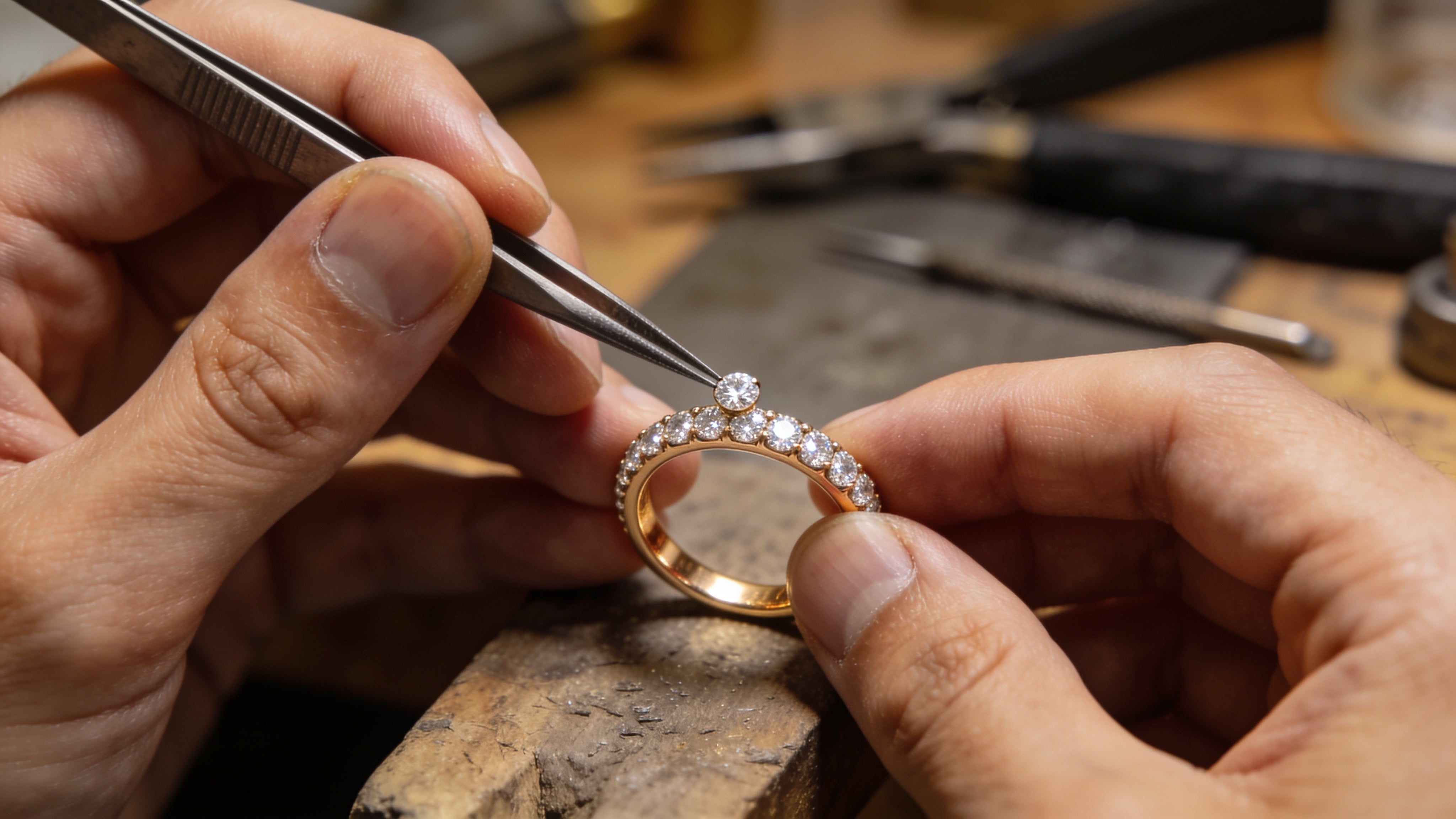 A jeweller hand-setting a single diamond into a gold eternity ring band at the bench