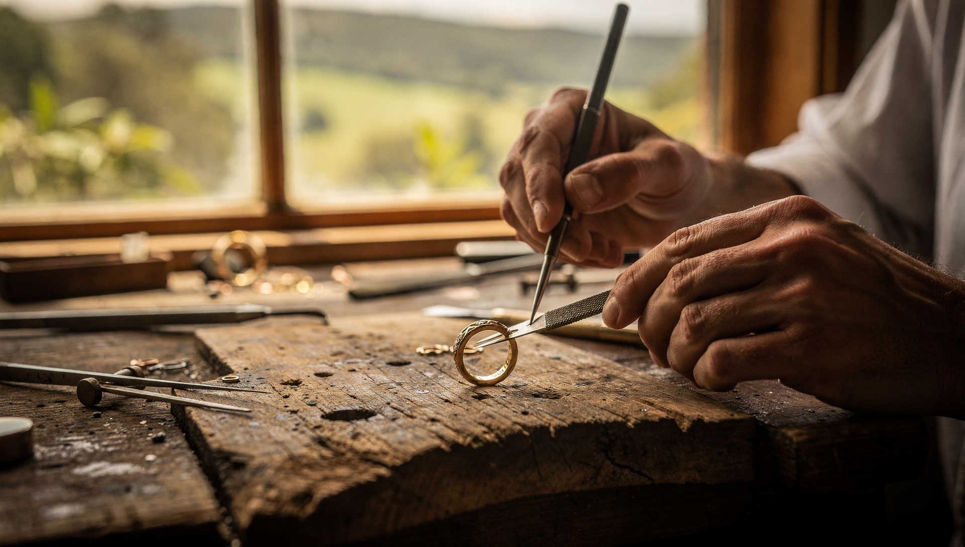 Jeweller's hands shaping a gold ring in a sunlit studio in the Byron Bay hinterland