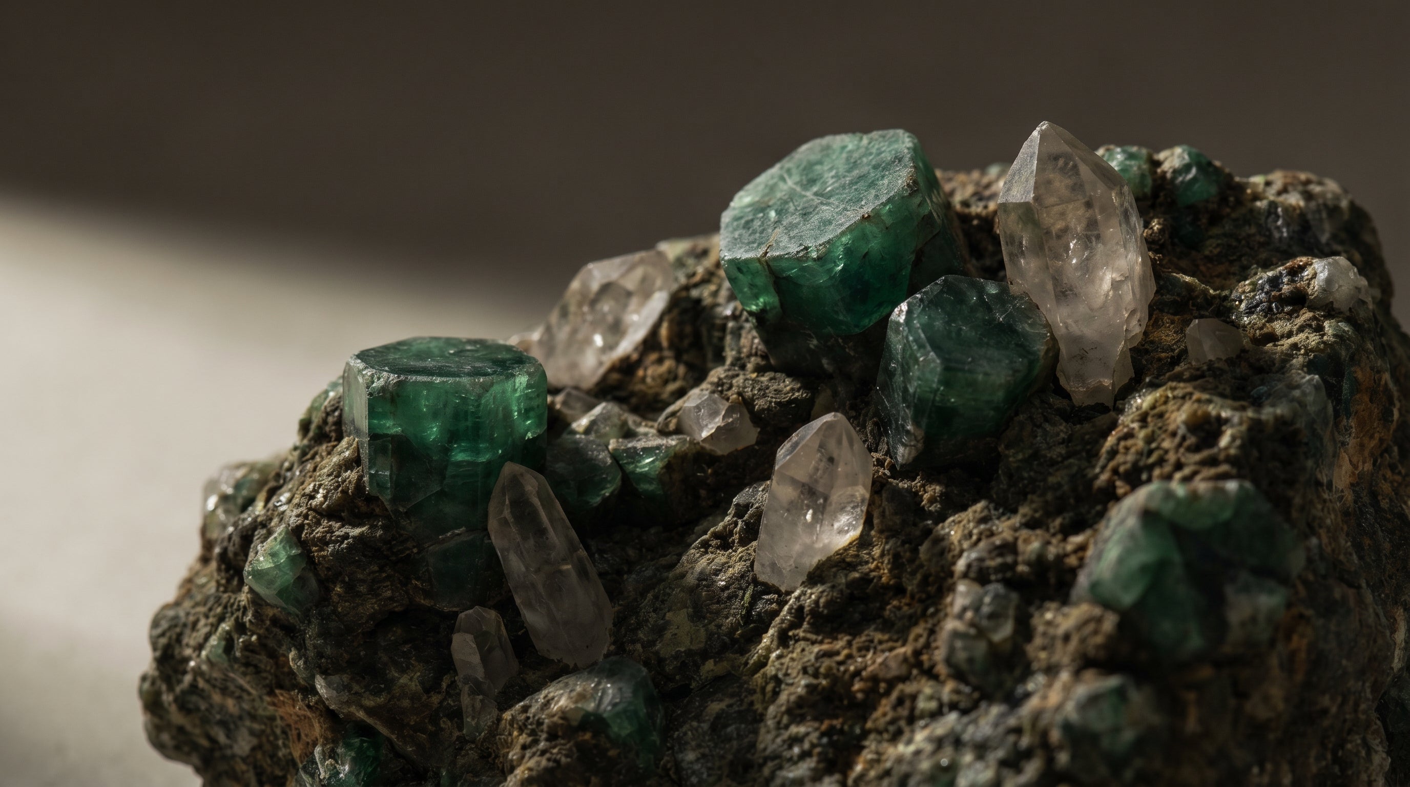Raw emerald and quartz gemstone crystals embedded in rough host rock matrix, macro geology photograph