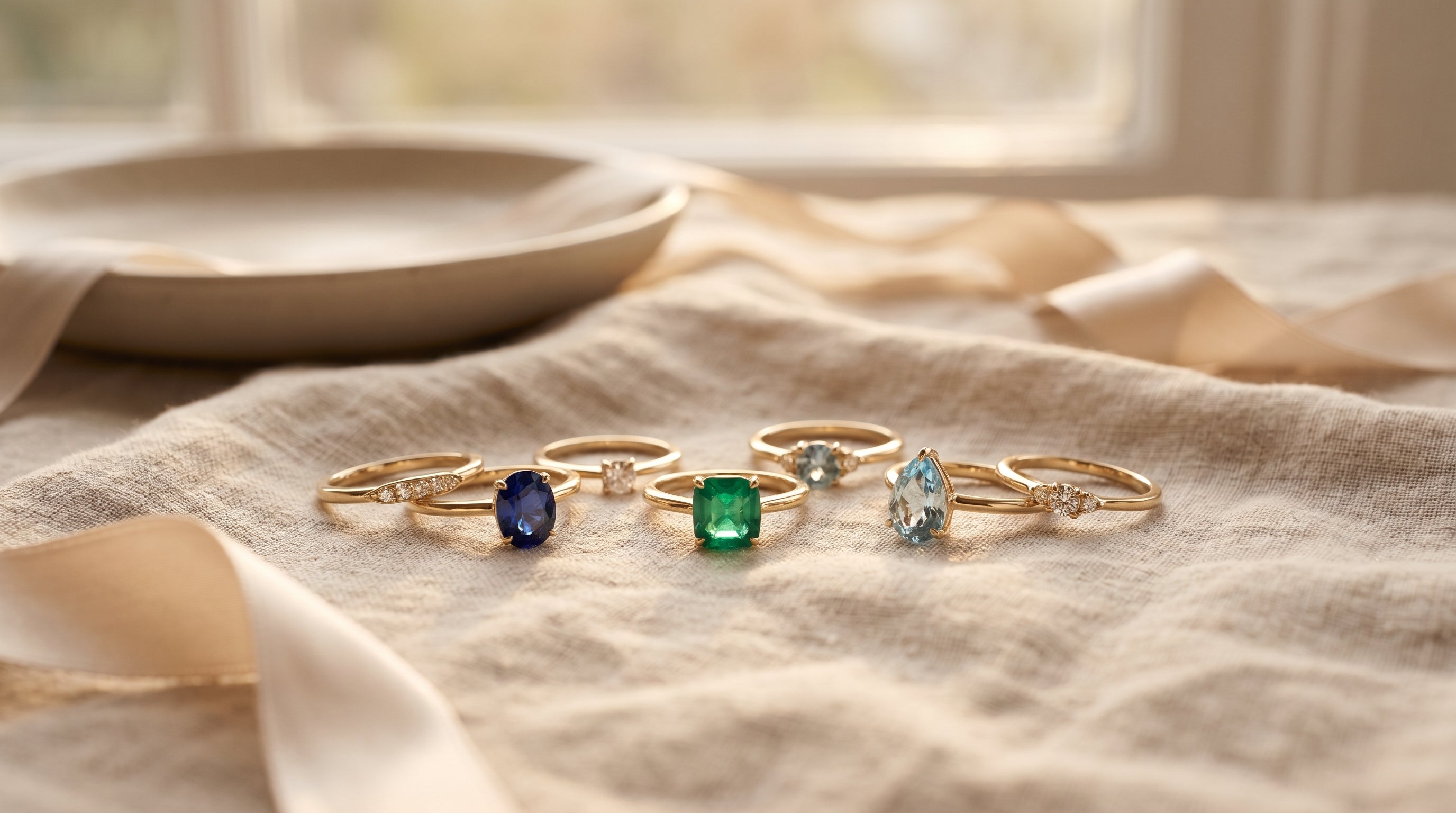 Fine gold engagement rings set with coloured gemstones including blue sapphire, green emerald and aquamarine on a neutral surface