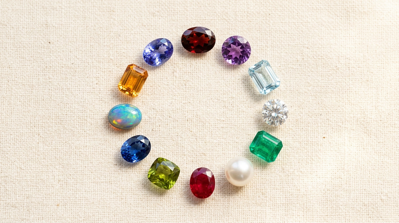 Twelve loose birthstones arranged in a circle on cream linen