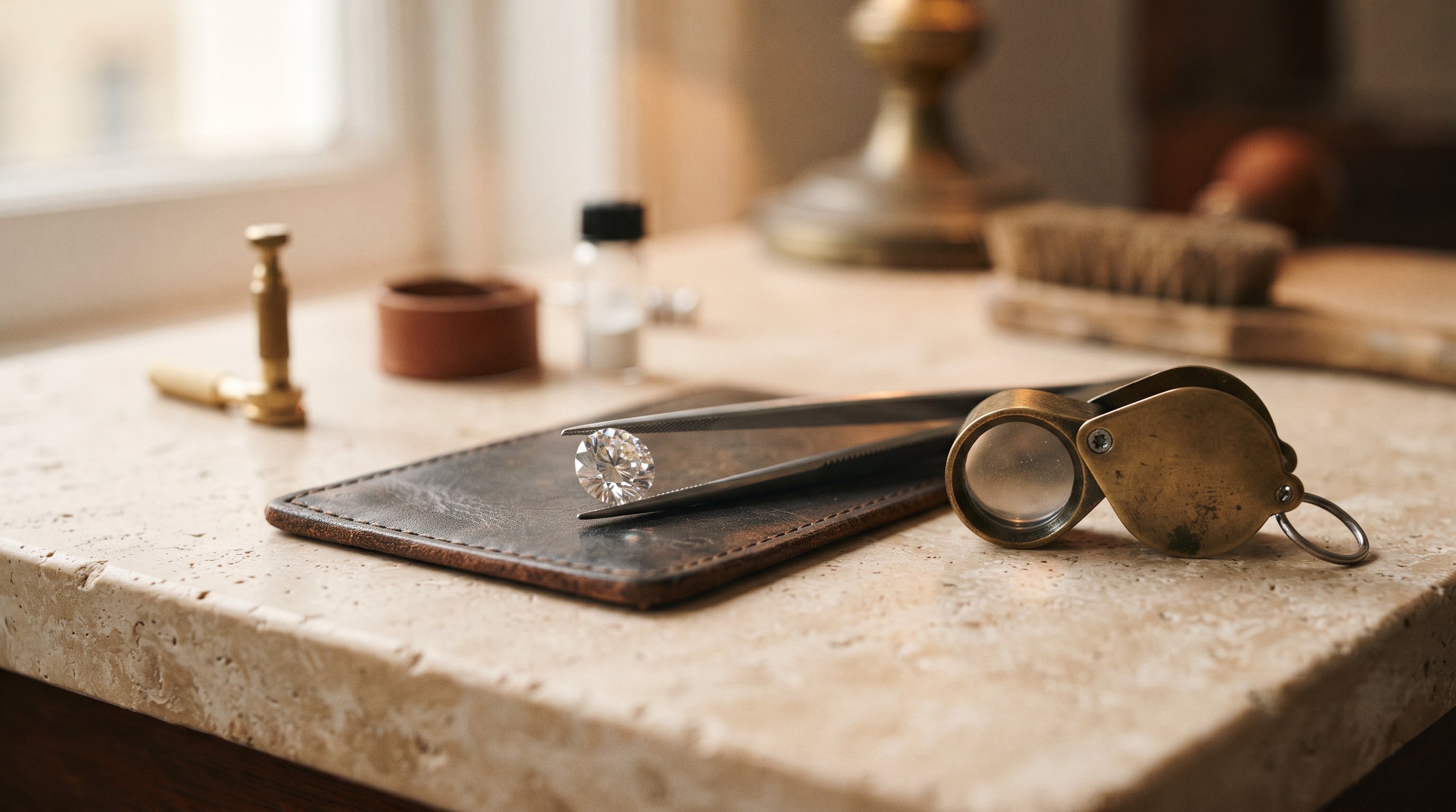 Brilliant-cut diamond held in tweezers beside a jeweller's loupe on a gemmologist's bench