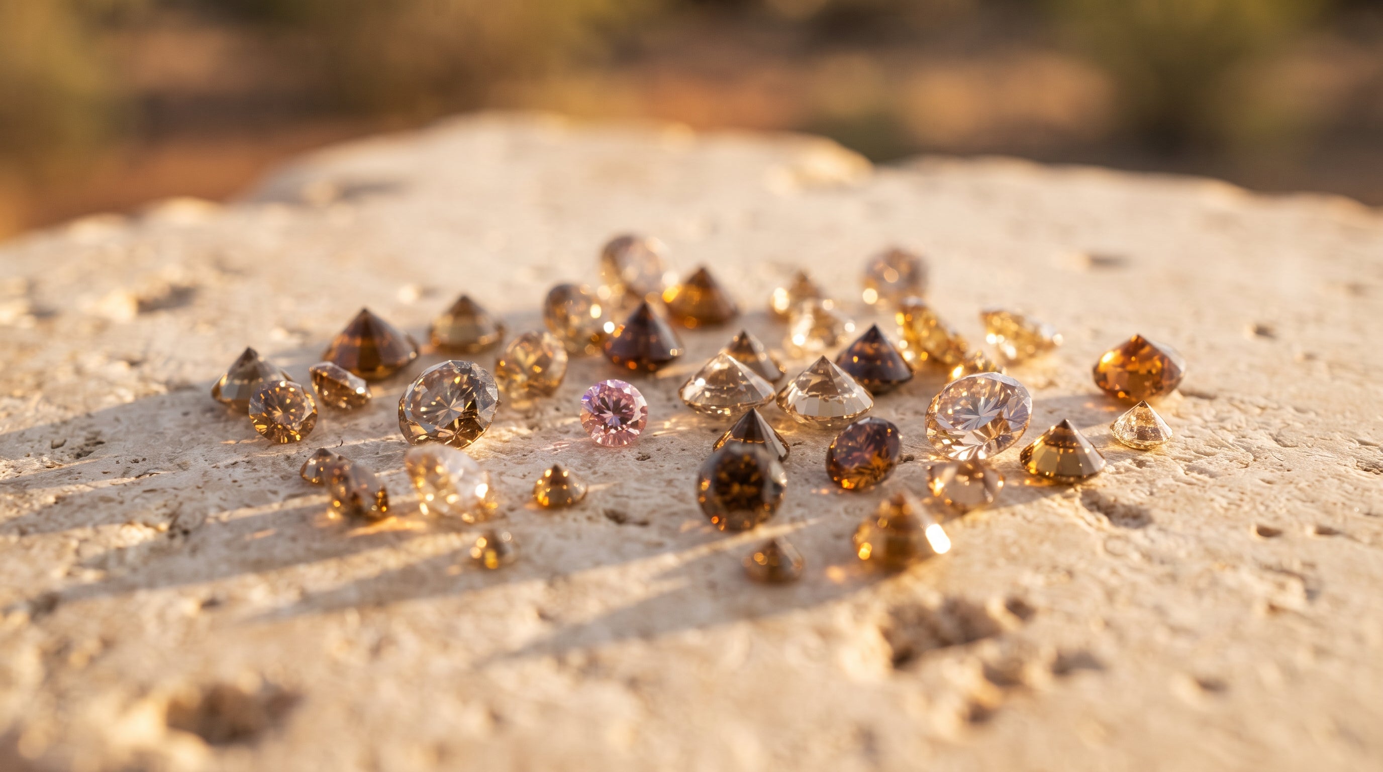 Loose champagne and cognac diamonds with a rare pink diamond on warm travertine stone