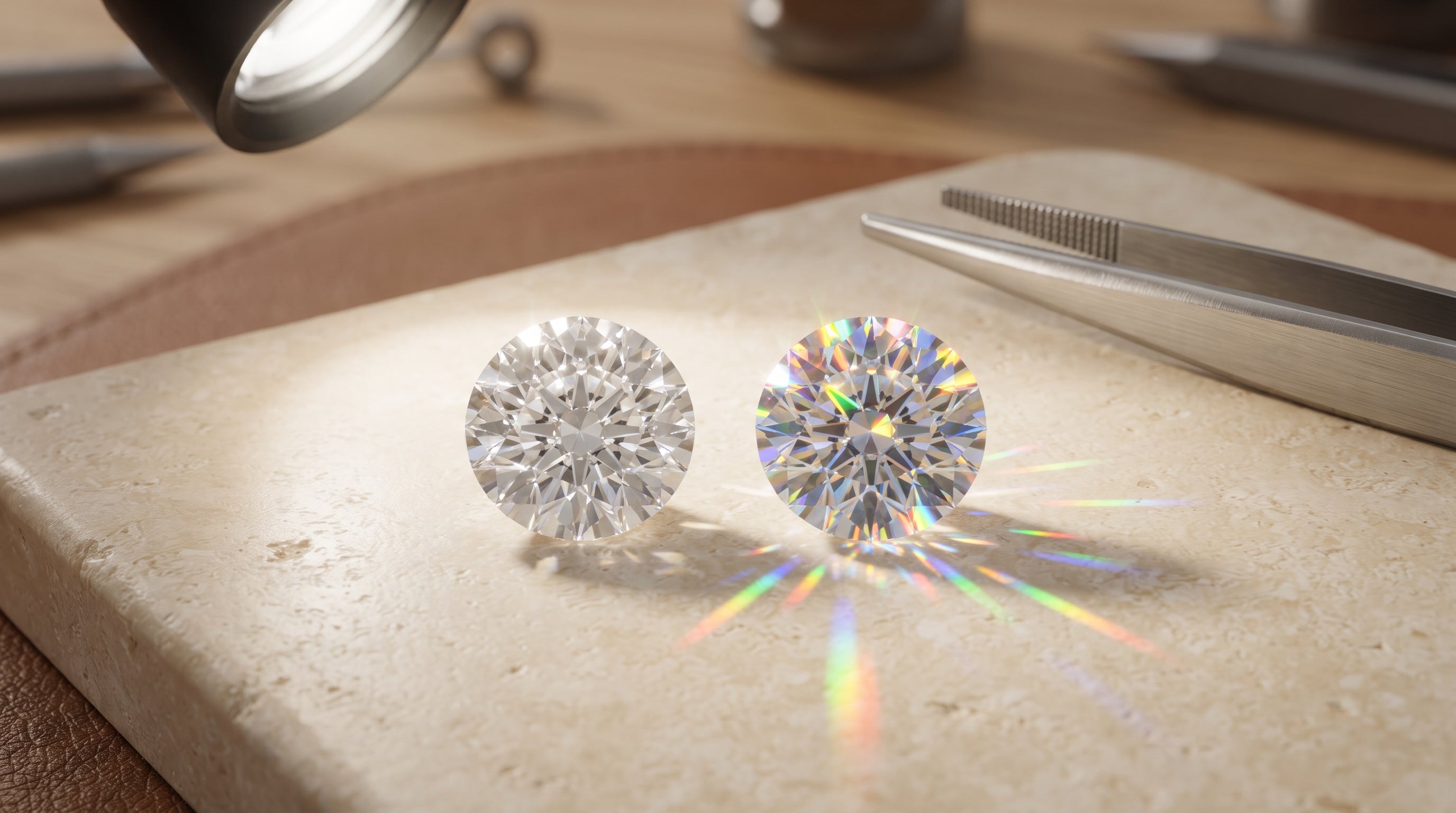 Two round brilliant-cut colourless stones side by side, one showing rainbow fire, with tweezers nearby