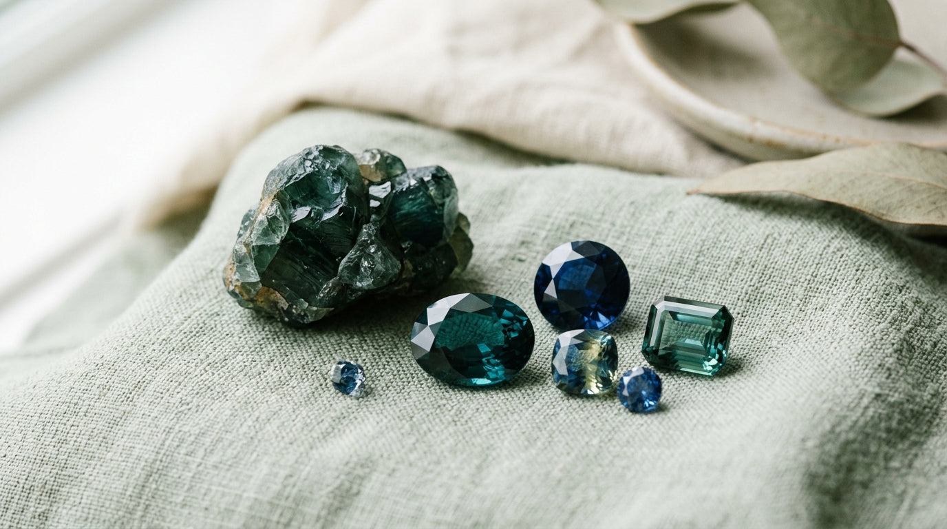 Cut teal, blue and parti Australian sapphires with a rough sapphire crystal on raw linen