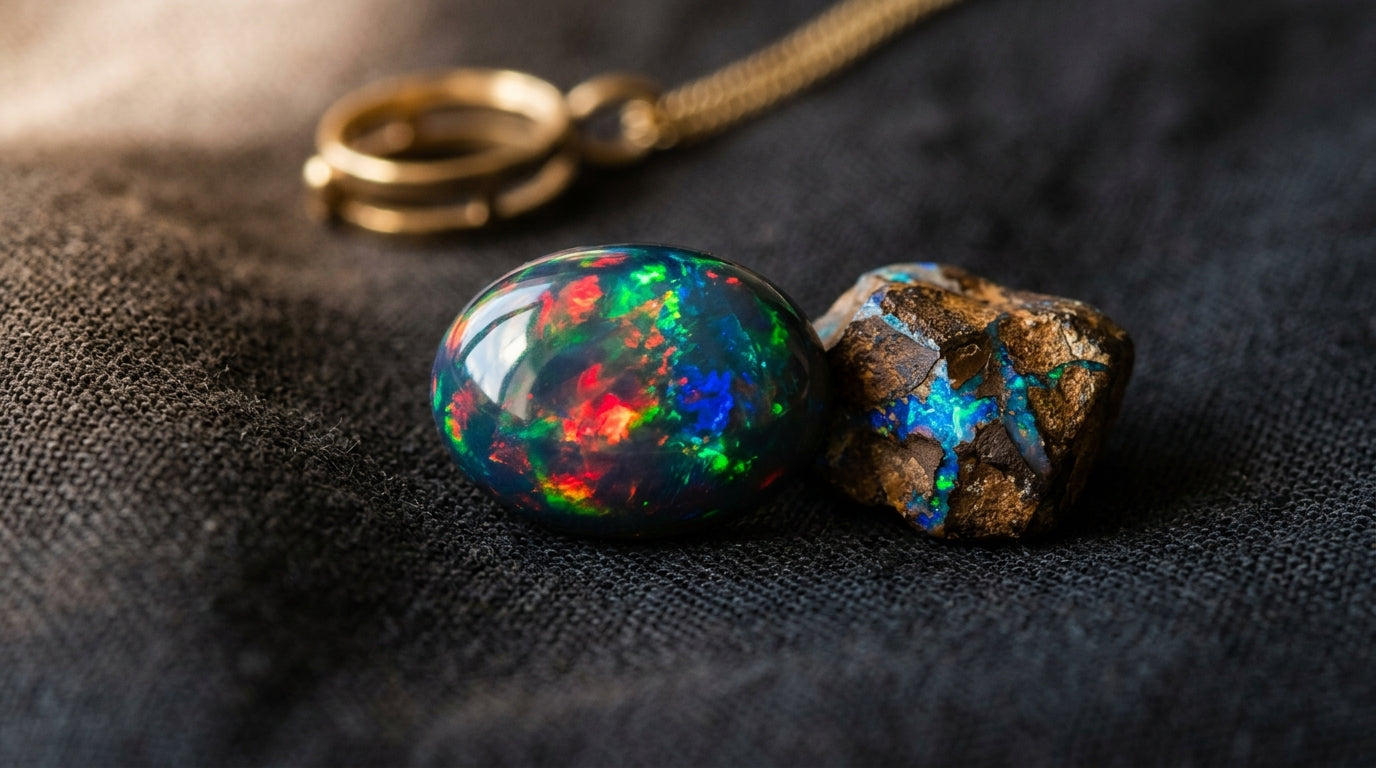 Black opal cabochon with red and green play of colour beside rough boulder opal on dark linen