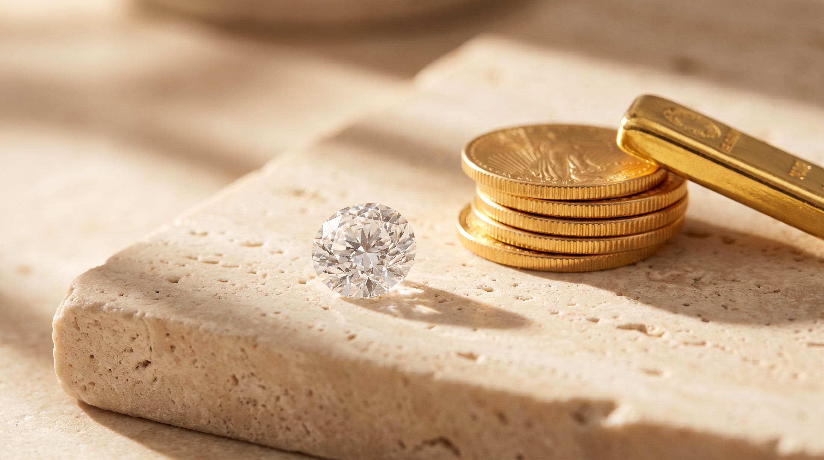 Loose brilliant-cut diamond beside a stack of gold bullion coins and a gold bar on travertine