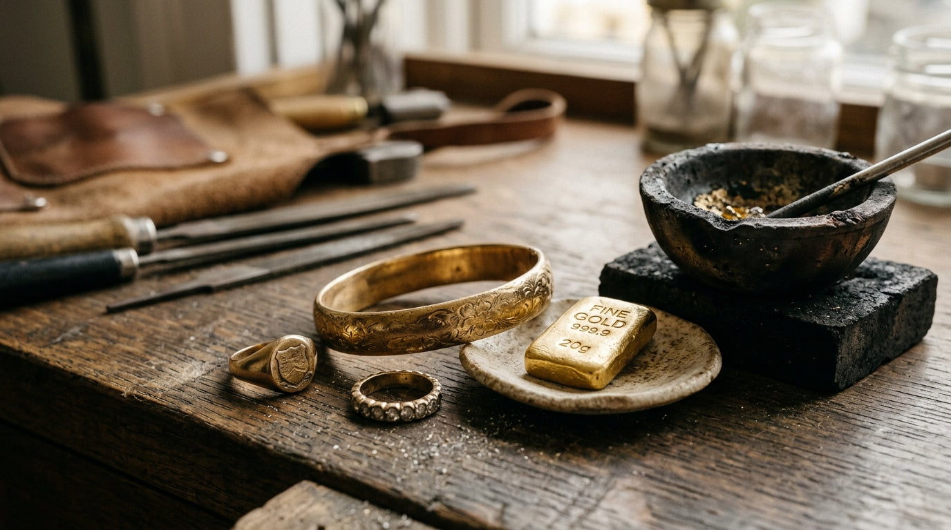 Old heirloom gold bangle and vintage rings beside a gold ingot and crucible on a jeweller's workbench