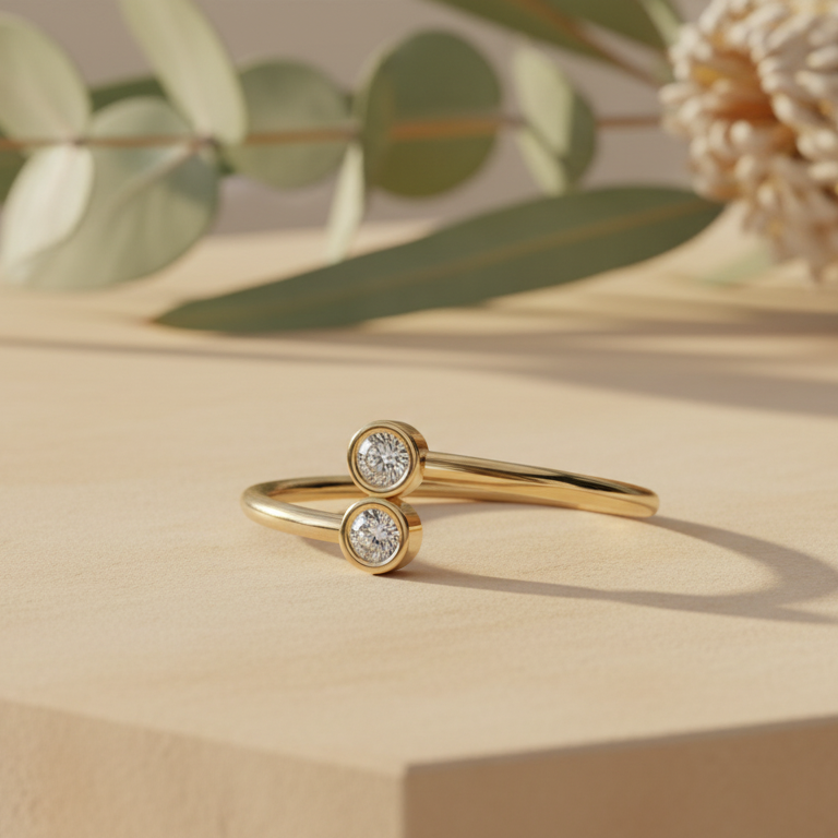 Diamond stacking ring resting on warm sandstone with native banksia — handcrafted in the Byron Bay Hinterland by Lucano