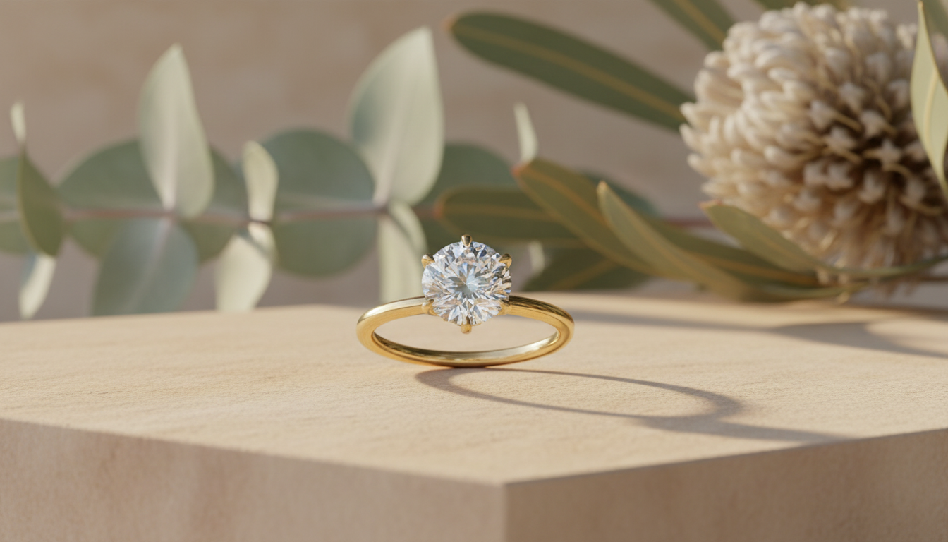 Round solitaire diamond engagement ring on warm sandstone with native banksia — handcrafted in the Byron Bay Hinterland by Lucano
