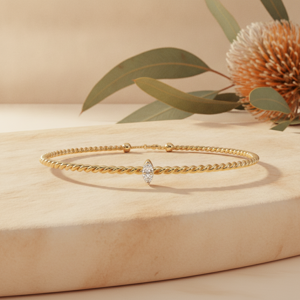 Marquise diamond rope bracelet on warm sandstone with native banksia — handcrafted in the Byron Bay Hinterland by Lucano