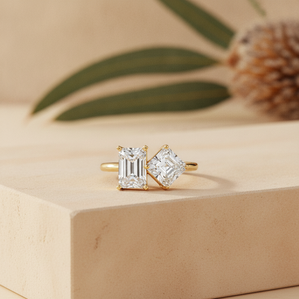 Emerald cut diamond engagement ring on warm sandstone with native banksia — handcrafted in the Byron Bay Hinterland by Lucano