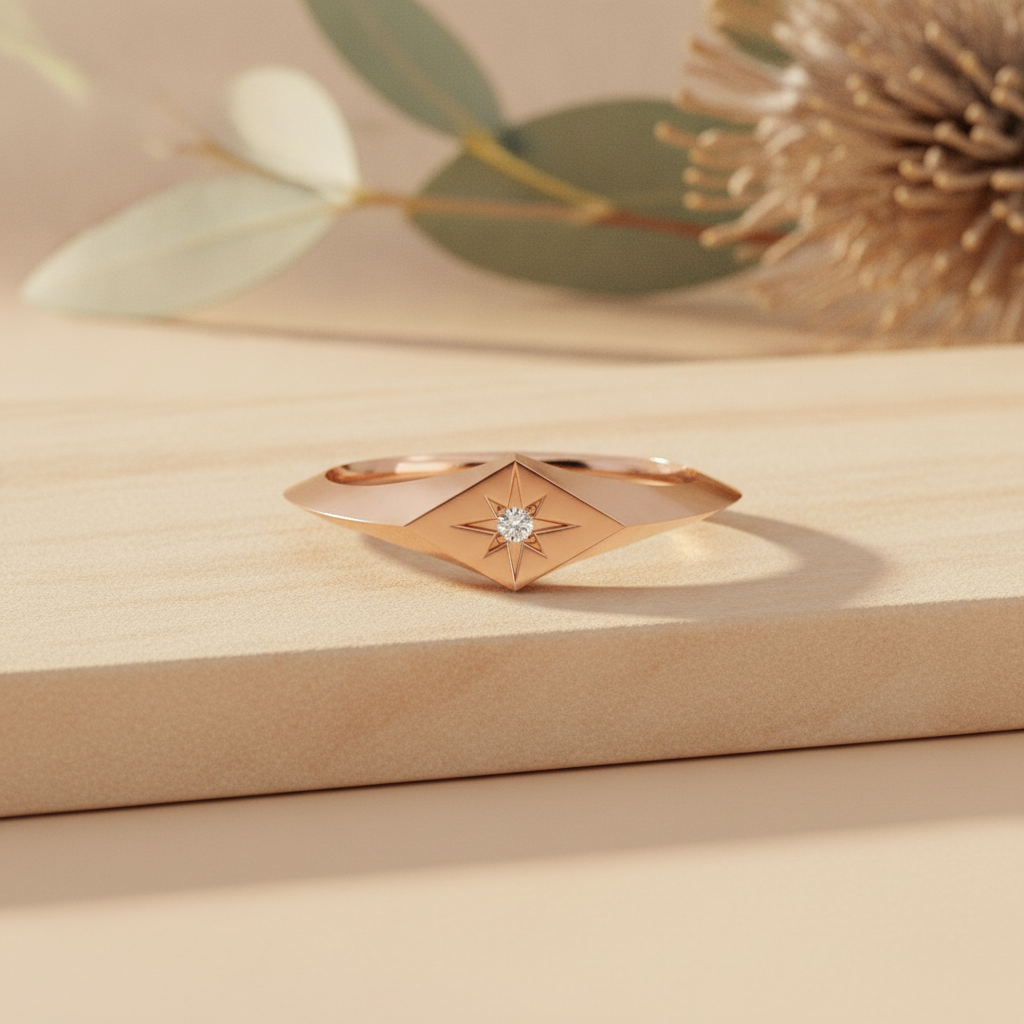Gold signet ring on warm sandstone with native banksia — handcrafted in the Byron Bay Hinterland by Lucano