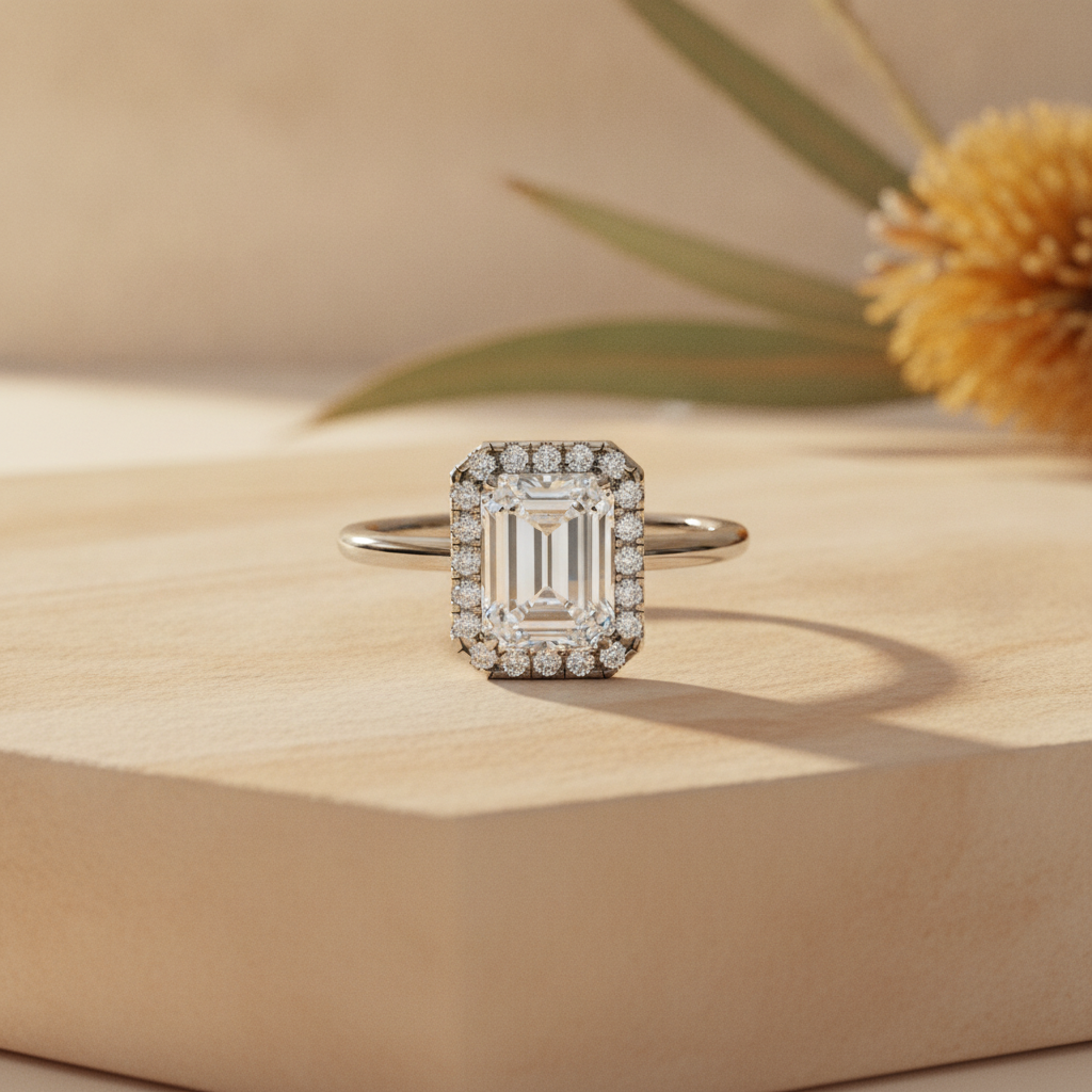 Halo diamond engagement ring on warm sandstone with native banksia — handcrafted in the Byron Bay Hinterland by Lucano