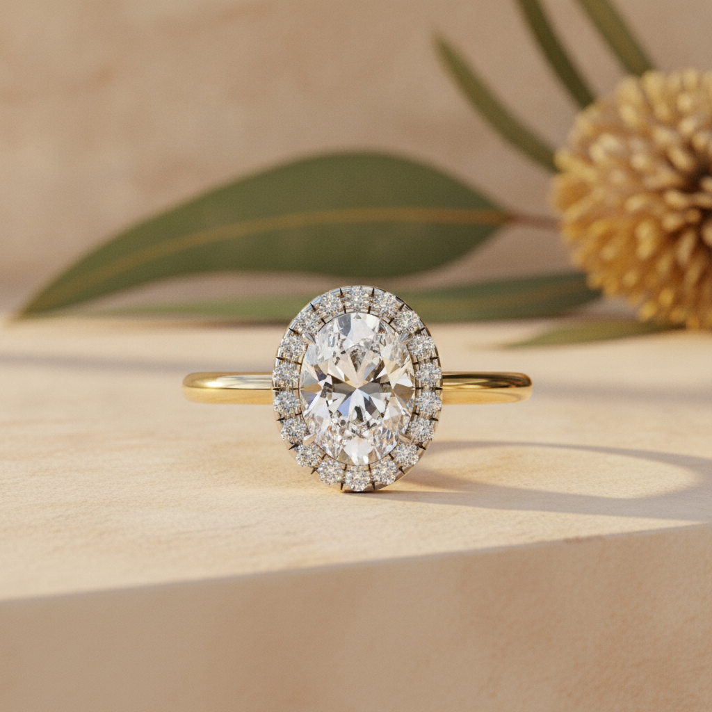 Oval halo diamond engagement ring on warm sandstone with native banksia — handcrafted in the Byron Bay Hinterland by Lucano