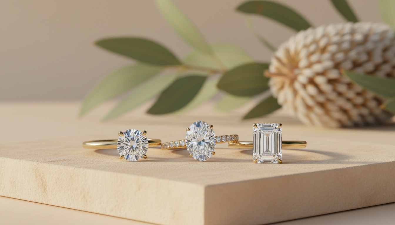 Diamond engagement ring on warm sandstone with native banksia — handcrafted in the Byron Bay Hinterland by Lucano