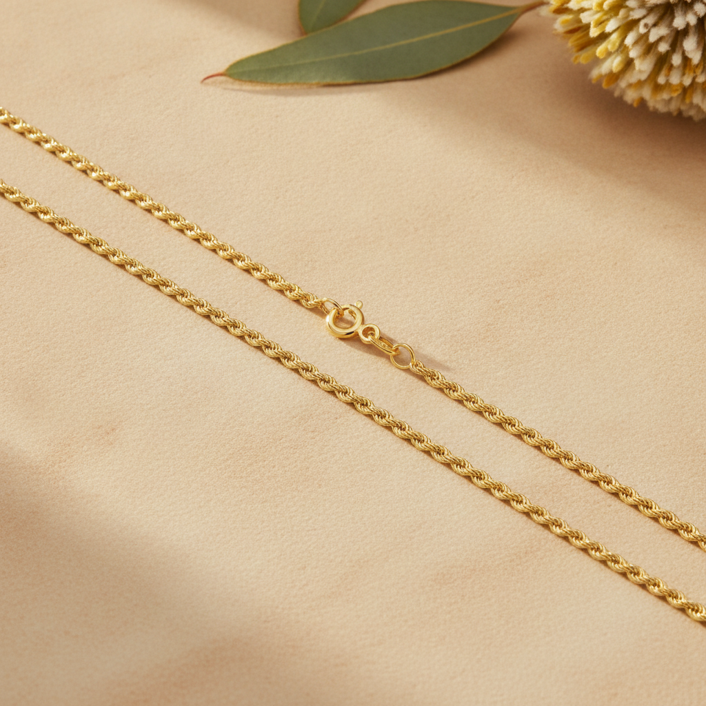 Italian solid gold chain on warm sandstone with native banksia — Lucano
