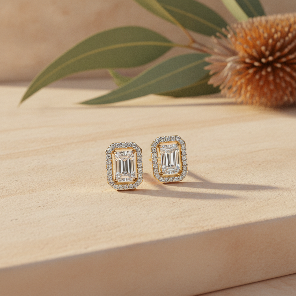 Diamond halo stud earrings on warm sandstone with native banksia — handcrafted in the Byron Bay Hinterland by Lucano