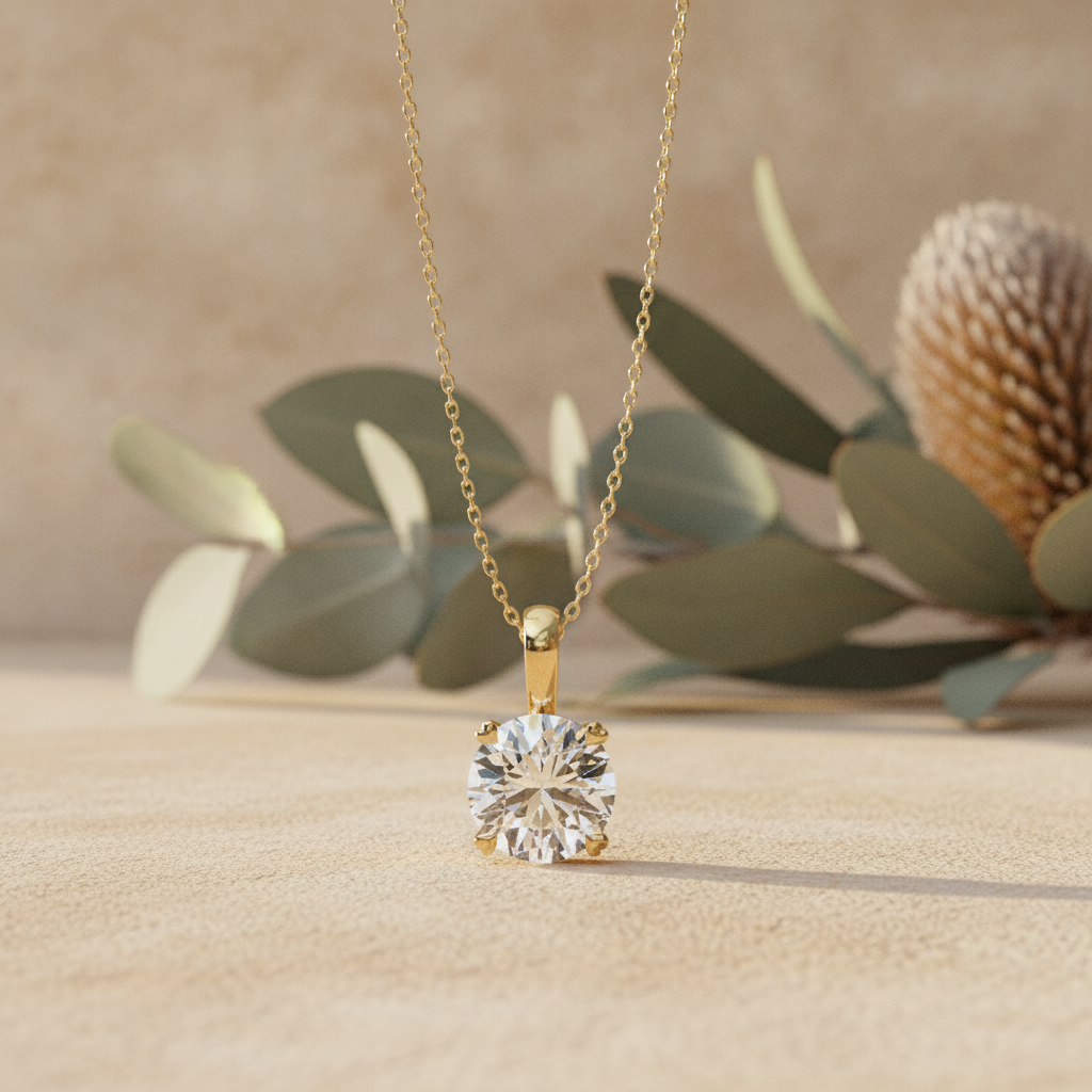 Diamond solitaire pendant necklace on warm sandstone with native banksia — handcrafted in the Byron Bay Hinterland by Lucano