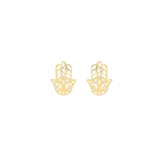 Hamsa Earrings, gold hamsa earrings handcrafted by Lucano, Byron Bay, front view