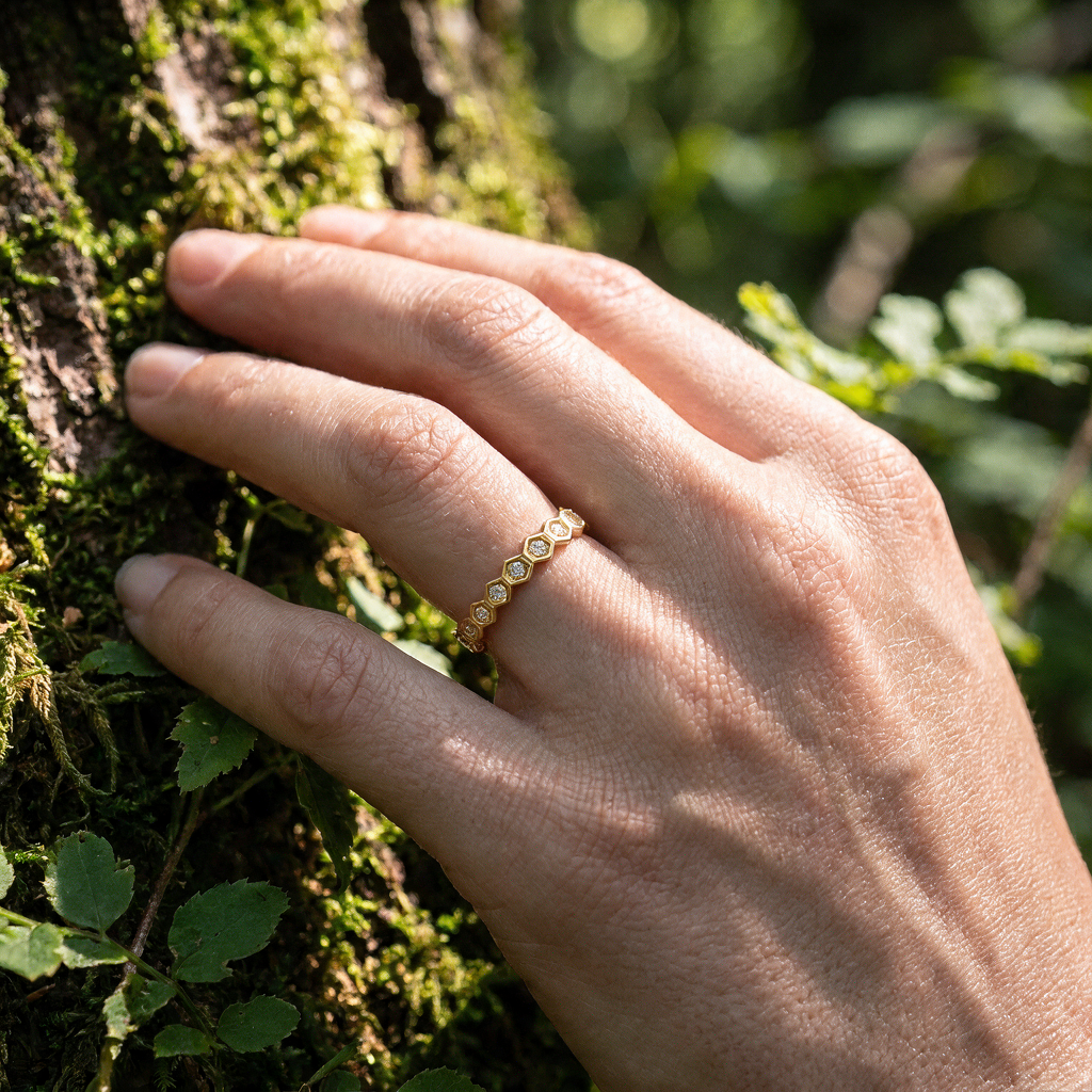 Honeycomb Eternity Ring - honeycomb pavé eternity ring - angled view - Lucano