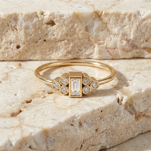 Cleopatra Baguette Ring - baguette-cut diamond ring - on hand - Lucano