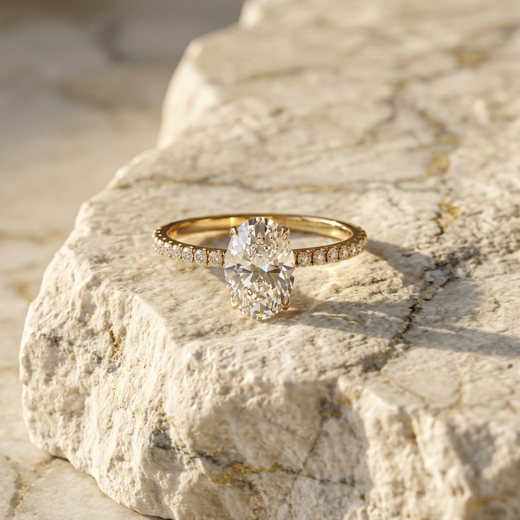 Mira Oval Pavé Solitaire - oval pavé engagement ring - on hand - Lucano