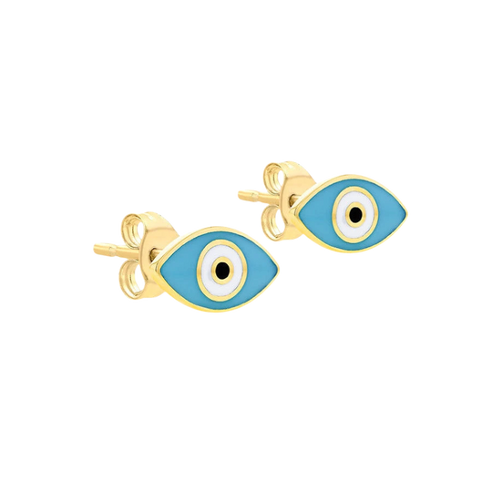 Evil Eye Earrings, gold evil eye earrings handcrafted by Lucano, Byron Bay, front view