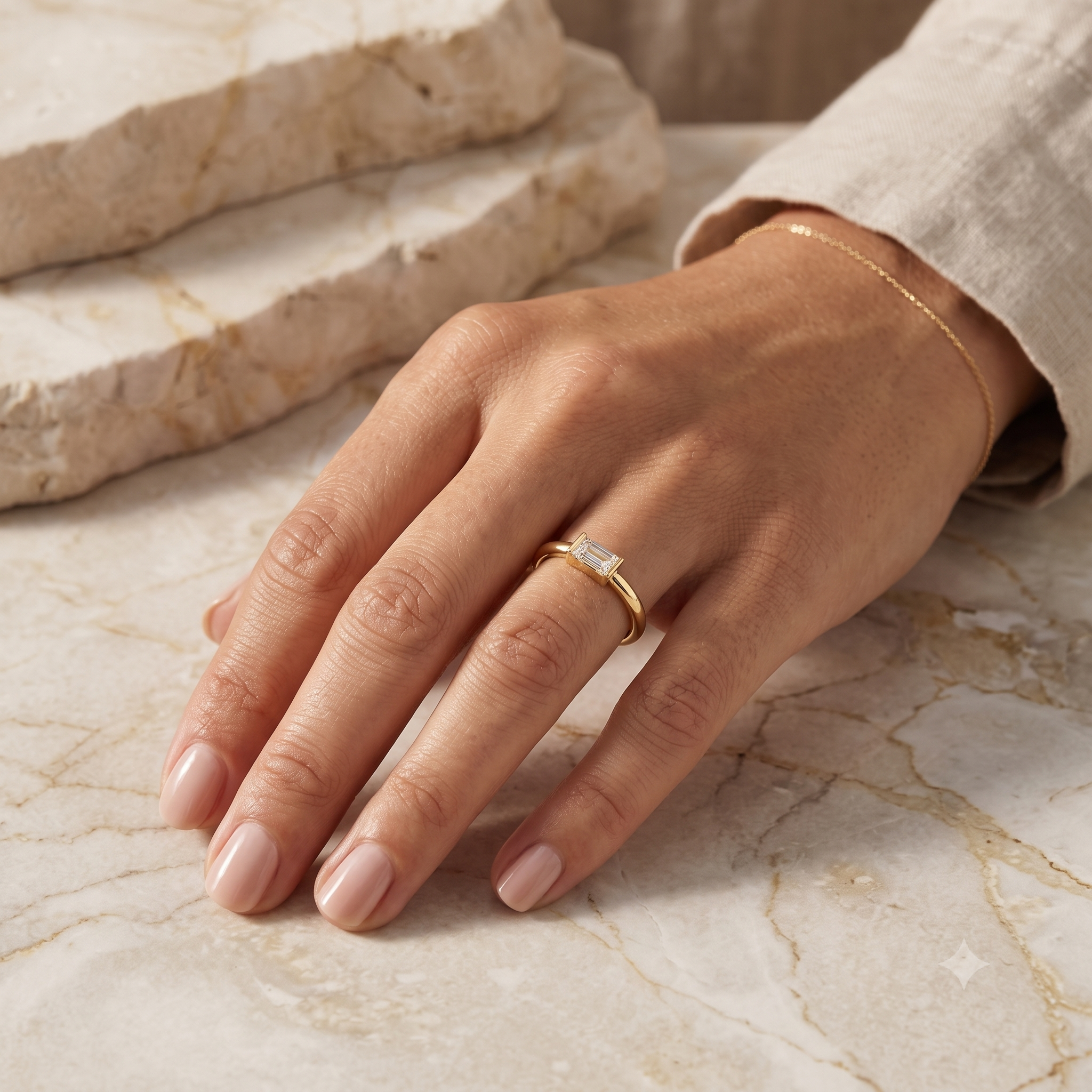 Baghetta Ring - baguette diamond promise ring - on hand - Lucano