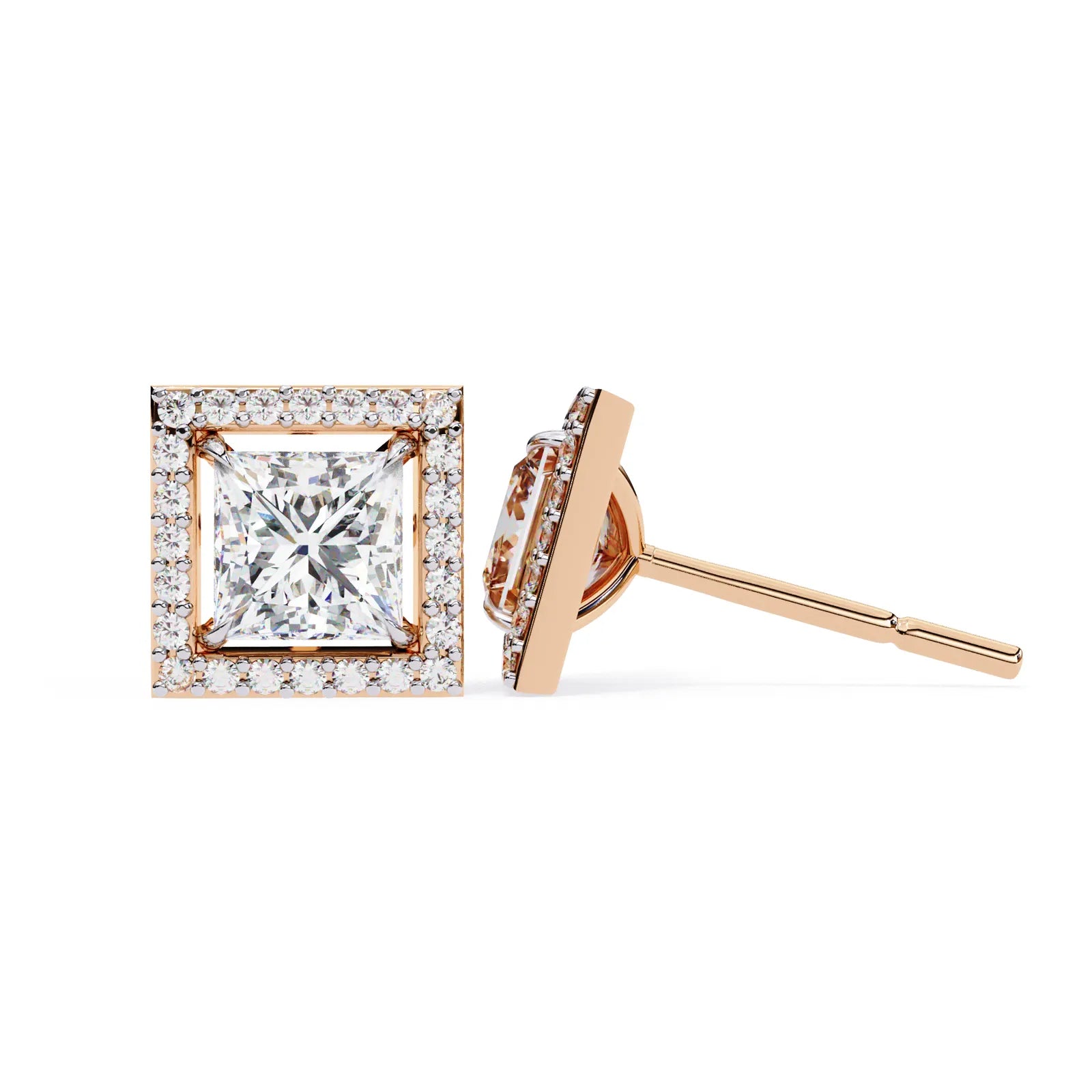 Reale Princess Halo Studs - princess-cut diamond earrings - detail close-up - hand-made in Byron Bay Hinterland, Australia by Lucano Fine Jewellery