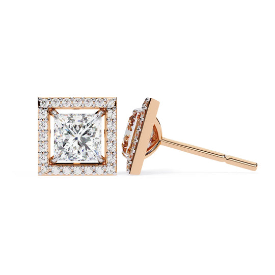 Reale Princess Halo Studs - princess-cut diamond earrings - detail close-up - hand-made in Byron Bay Hinterland, Australia by Lucano Fine Jewellery