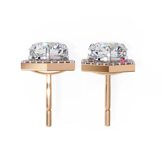 Cuscino Cushion Halo Studs - round brilliant diamond earrings - angled view - hand-made in Byron Bay Hinterland, Australia by Lucano Fine Jewellery