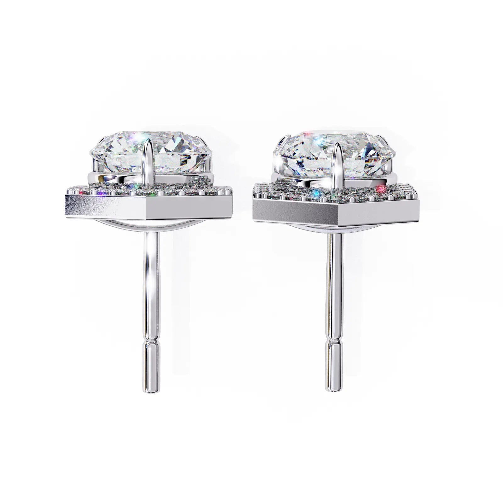Cuscino Cushion Halo Studs - round brilliant diamond earrings - three-quarter view - hand-made in Byron Bay Hinterland, Australia by Lucano Fine Jewellery