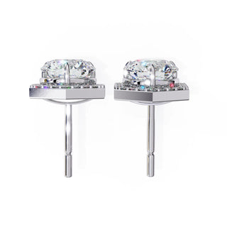 Cuscino Cushion Halo Studs - round brilliant diamond earrings - three-quarter view - hand-made in Byron Bay Hinterland, Australia by Lucano Fine Jewellery