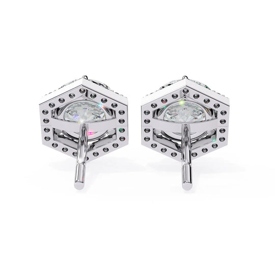 Cuscino Cushion Halo Studs - round brilliant diamond earrings - detail close-up - hand-made in Byron Bay Hinterland, Australia by Lucano Fine Jewellery