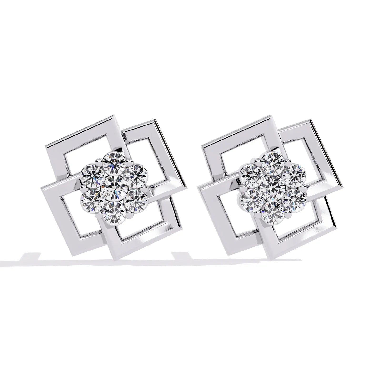 Greca Square Cluster Studs - round brilliant diamond earrings - three-quarter view - hand-made in Byron Bay Hinterland, Australia by Lucano Fine Jewellery