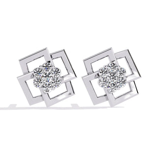 Greca Square Cluster Studs - round brilliant diamond earrings - three-quarter view - hand-made in Byron Bay Hinterland, Australia by Lucano Fine Jewellery