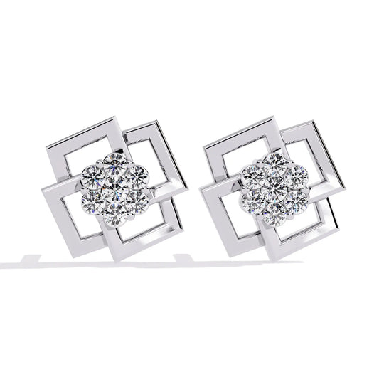 Greca Square Cluster Studs - round brilliant diamond earrings - three-quarter view - hand-made in Byron Bay Hinterland, Australia by Lucano Fine Jewellery