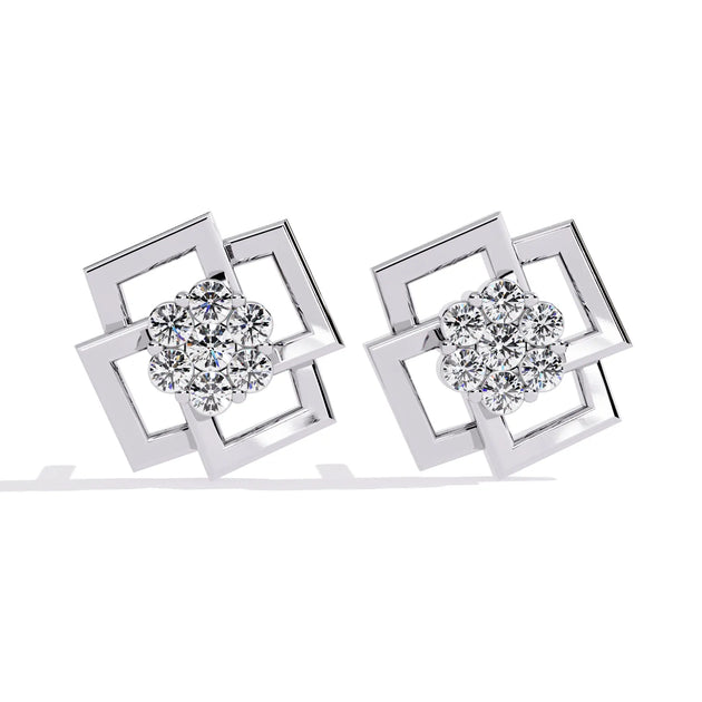 Greca Square Cluster Studs - round brilliant diamond earrings - three-quarter view - hand-made in Byron Bay Hinterland, Australia by Lucano Fine Jewellery