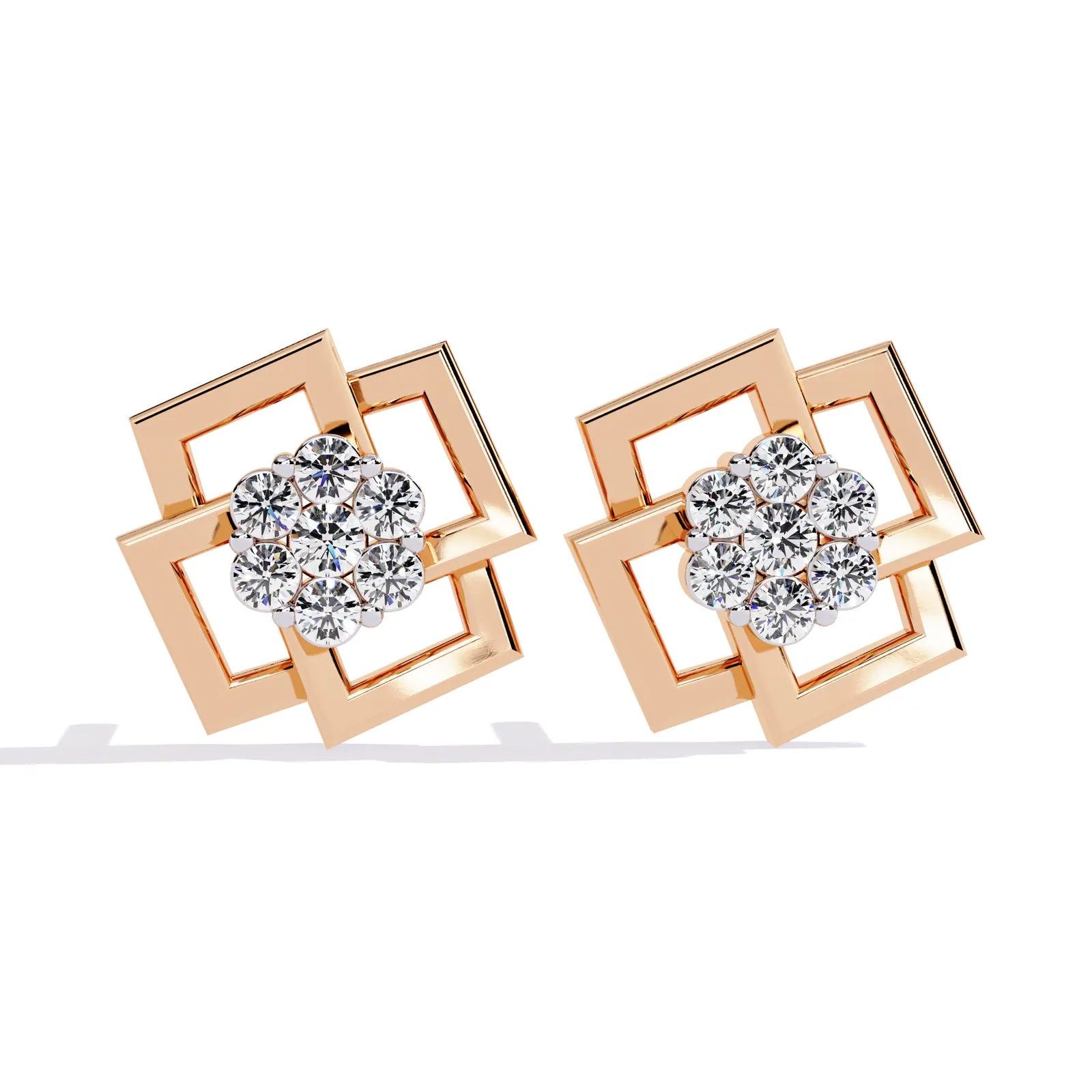 Greca Square Cluster Studs - round brilliant diamond earrings - detail close-up - hand-made in Byron Bay Hinterland, Australia by Lucano Fine Jewellery