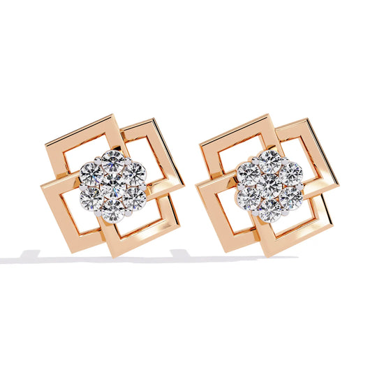 Greca Square Cluster Studs - round brilliant diamond earrings - detail close-up - hand-made in Byron Bay Hinterland, Australia by Lucano Fine Jewellery