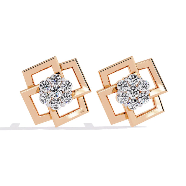 Greca Square Cluster Studs - round brilliant diamond earrings - detail close-up - hand-made in Byron Bay Hinterland, Australia by Lucano Fine Jewellery