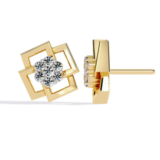 Greca Square Cluster Studs - round brilliant diamond earrings - in 9ct yellow gold - hand-made in Byron Bay Hinterland, Australia by Lucano Fine Jewellery