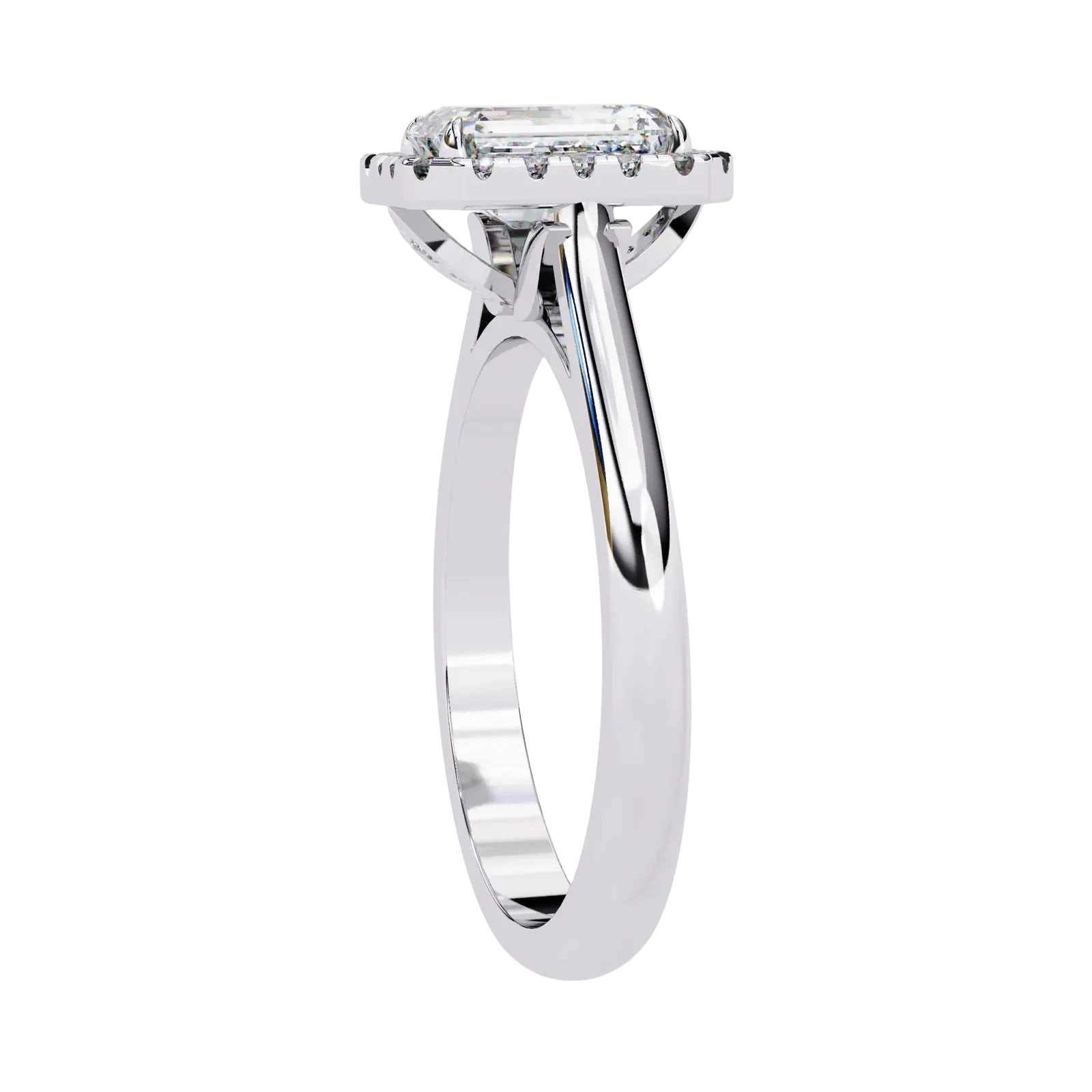 Aurelia Emerald Halo Ring - radiant cut halo engagement ring - in 9ct white gold - Lucano