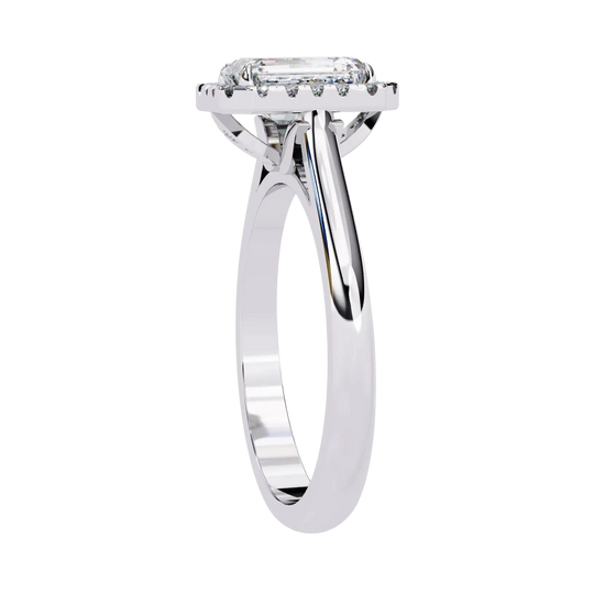 Aurelia Emerald Halo Ring - radiant cut halo engagement ring - in 9ct white gold - Lucano
