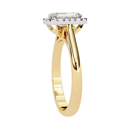 Aurelia Emerald Halo Ring - radiant cut halo engagement ring - in 18ct white gold - Lucano